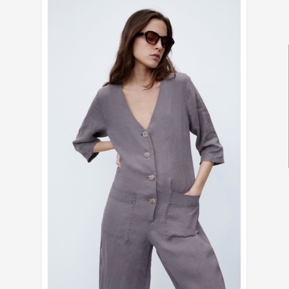 New! Zara The Lillian Gray 100% Linen ButtonFront Jumpsuit Small - Picture 2 of 11